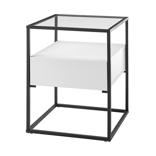 Ercolano Clear Glass Side Table With 1 Drawer In White_3