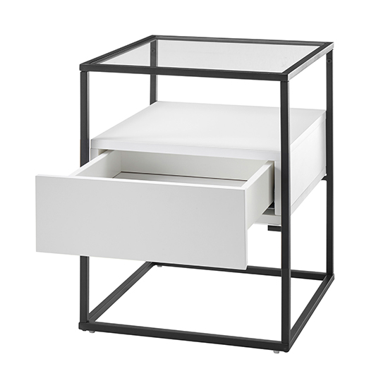 Ercolano Clear Glass Side Table With 1 Drawer In White_4