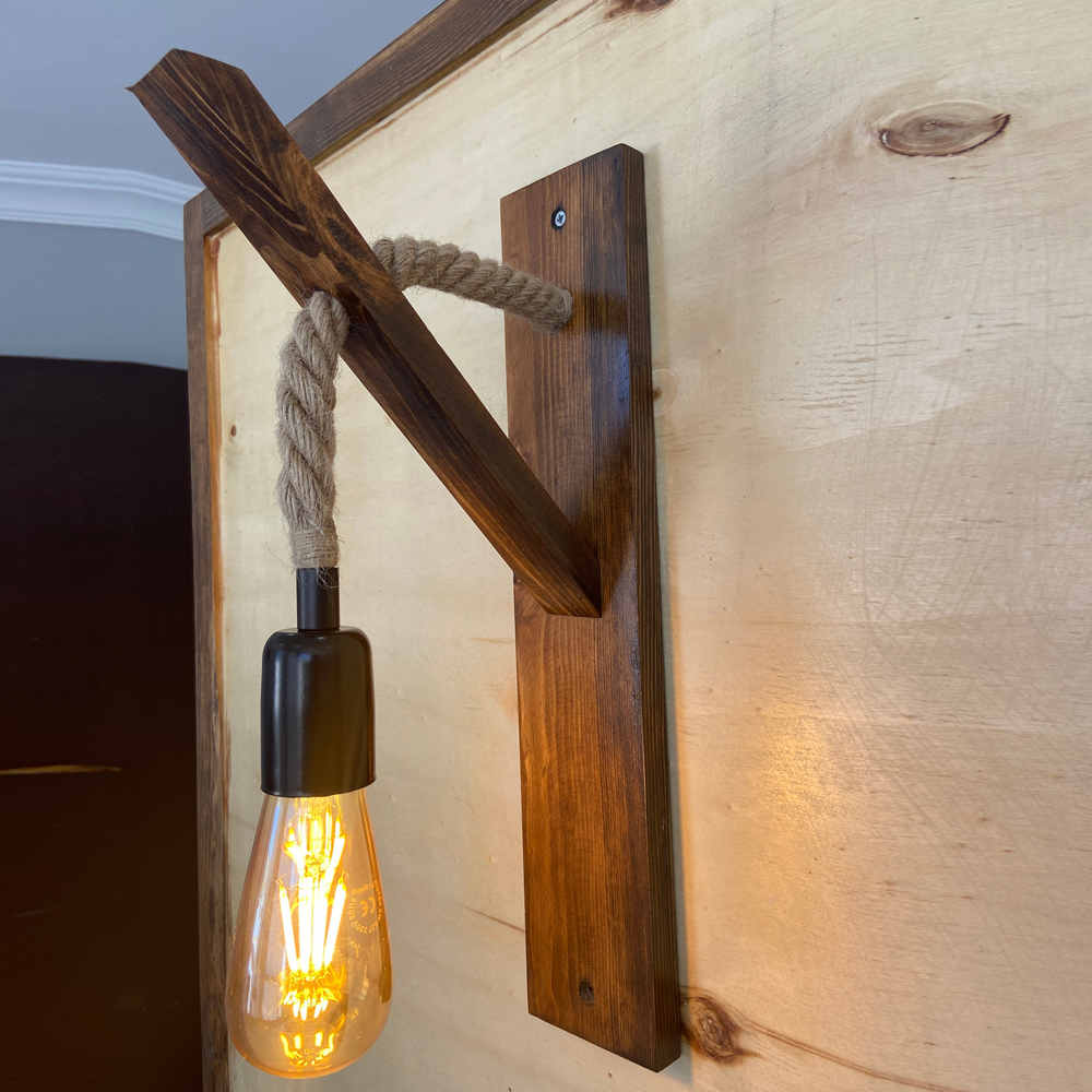 Erebos Small Wooden Rustic Rope Wall Light in Walnut