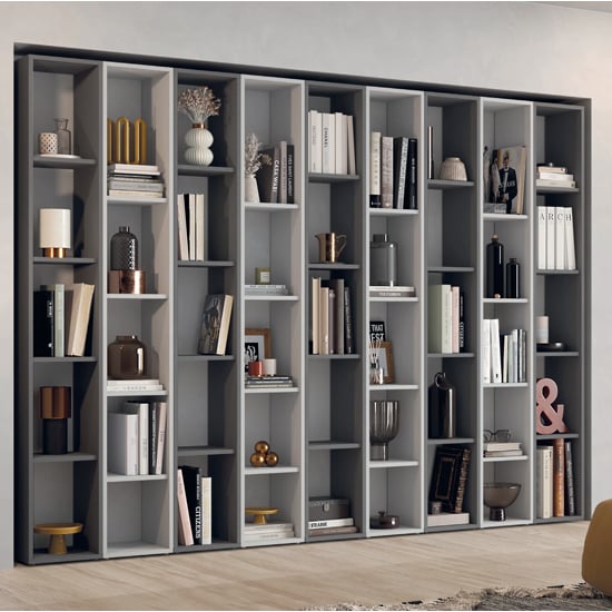 Erfurt Wooden Bookcase With Shelves In Gesso And Slate Effect