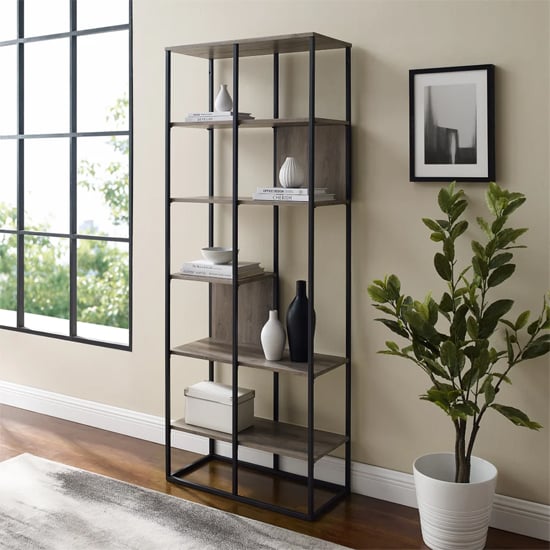 Photo of Erie wooden bookcase with 5 shelves in grey wash