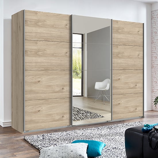 Ernie Sliding Door Mirrored Wide Wooden Wardrobe In Hickory Oak