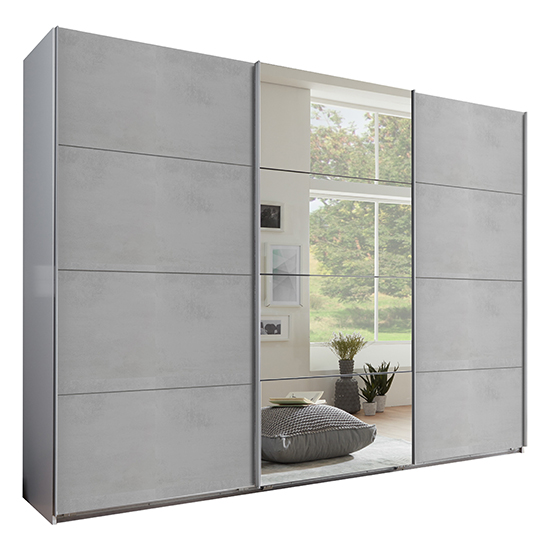 Ernie Sliding Door Mirrored Wide Wooden Wardrobe In Light Grey_2