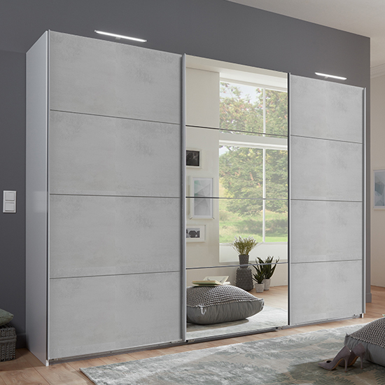 Ernie Sliding Door Mirrored Wide Wooden Wardrobe In Light Grey