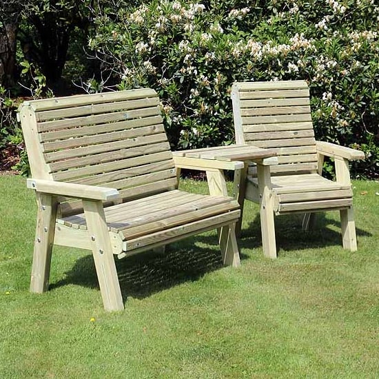 Photo of Erog wooden outdoor angled bench and chair seating set