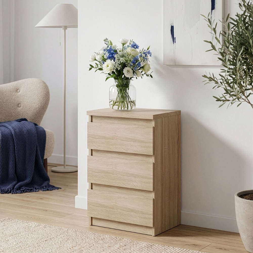 Eronis Wooden Bedside Cabinet with 3 Drawers in Sonoma Oak