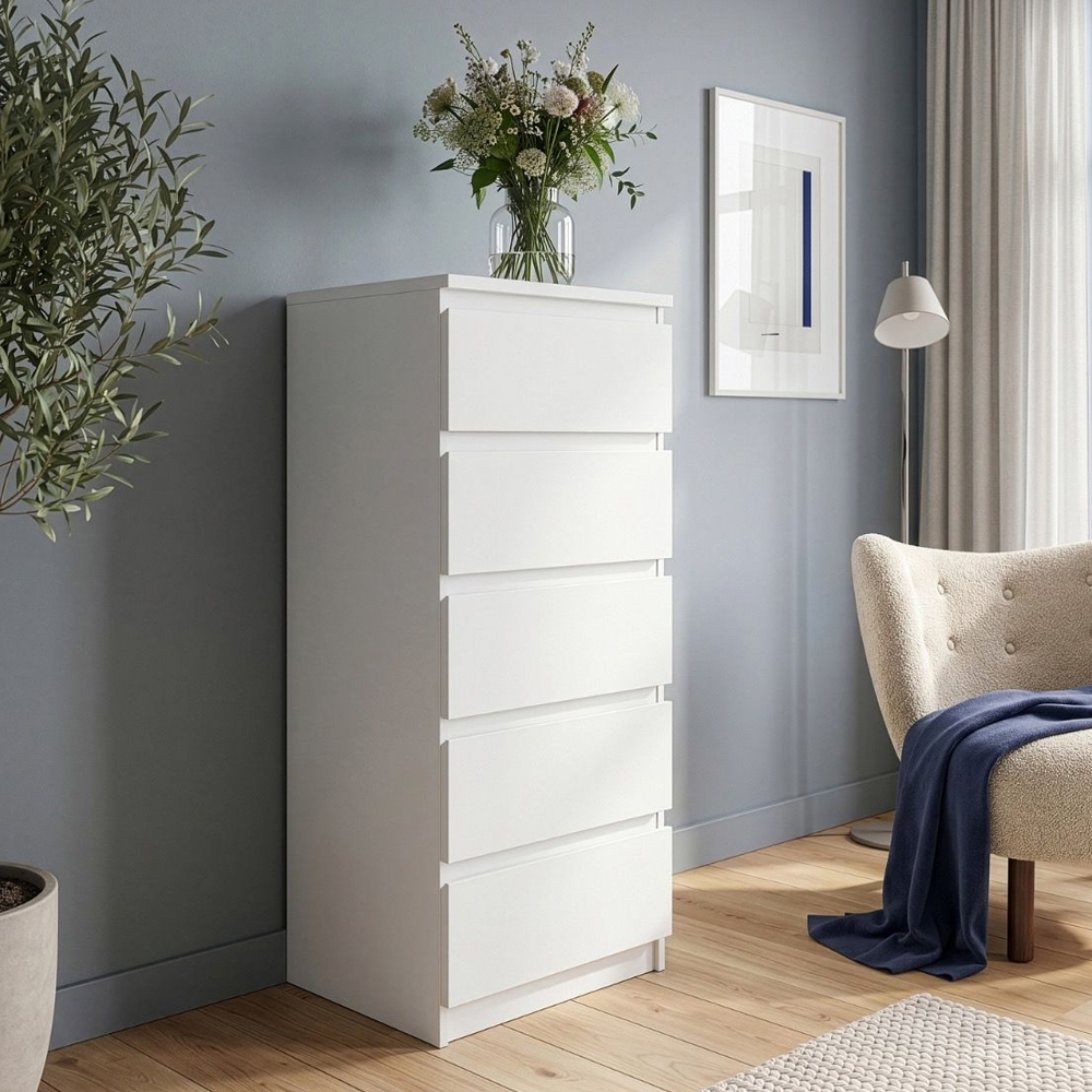 Eronis Tall Wooden Chest Of 5 Drawers in White