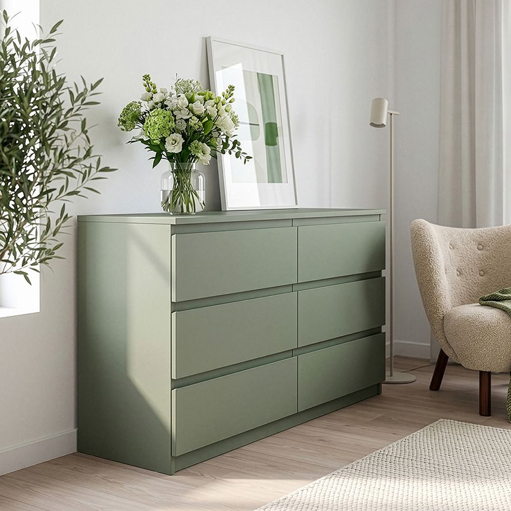 Eronis Wide Wooden Chest Of 6 Drawers in Sage Green