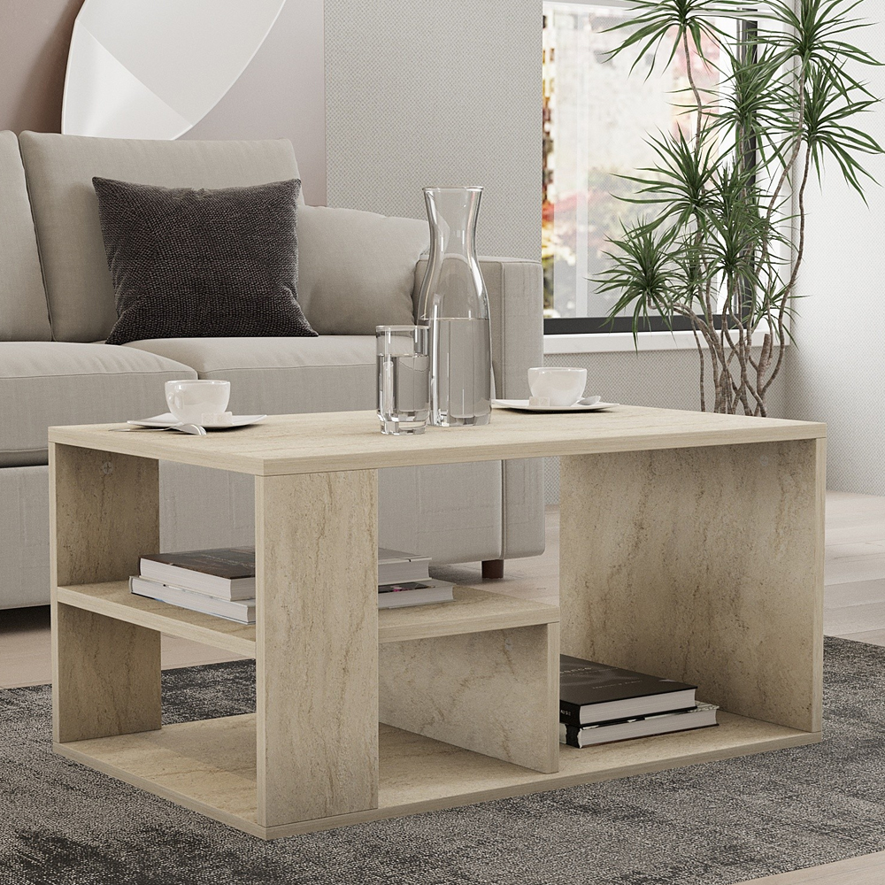 Eros Rectangular Wooden Coffee Table in Travertine Marble Effect