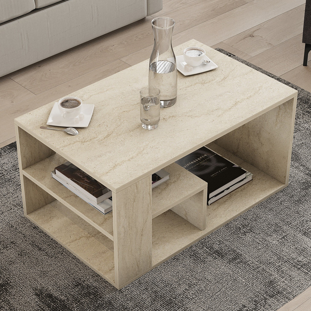 Eros Rectangular Wooden Coffee Table in Travertine Marble Effect