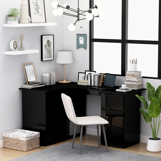 Errol Corner High Gloss Computer Desk With 4 Drawers In Black