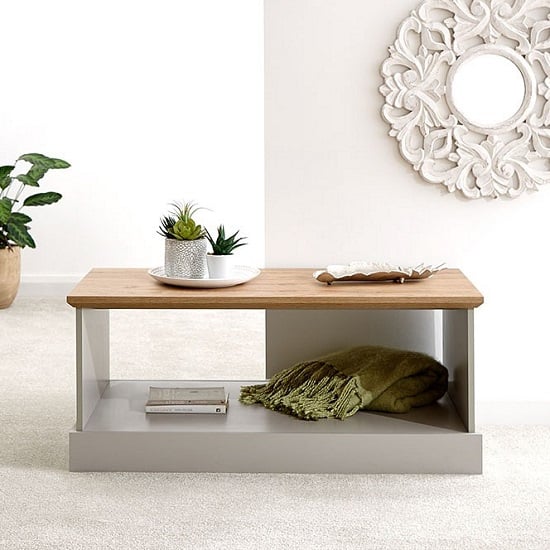 Photo of Kirkby wooden coffee table in grey with oak effect top