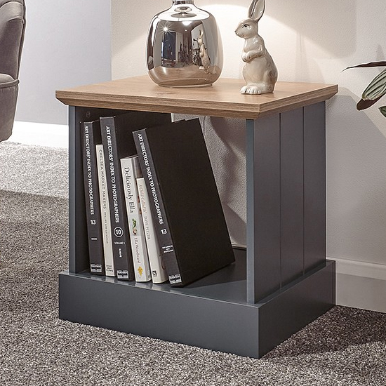 Photo of Kirkby wooden lamp table in slate blue with shelf