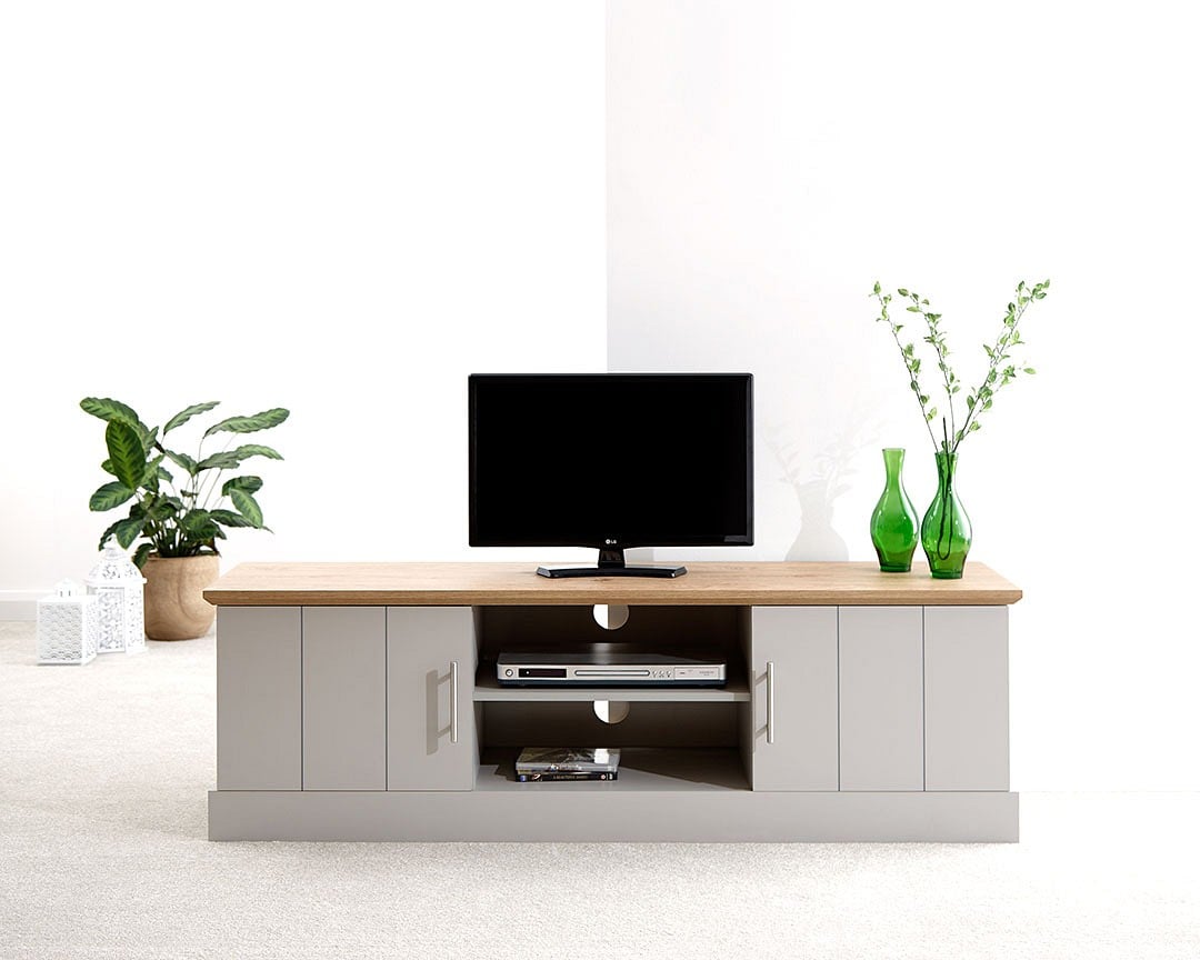 Product photograph of Kirkby Wooden Large Tv Stand In Grey With Oak Effect Top from Furniture in Fashion