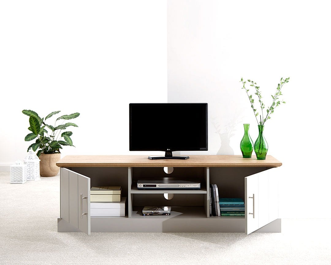 Kirkby Wooden Large TV Stand In Grey With Oak Effect Top_2
