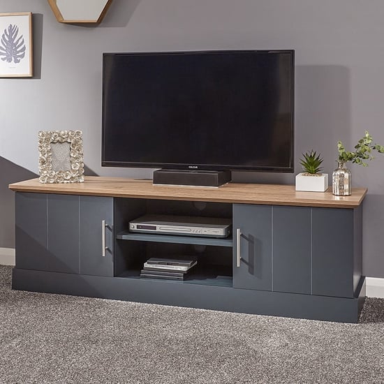 Kirkby Large Wooden TV Stand In Slate Blue With 2 Doors