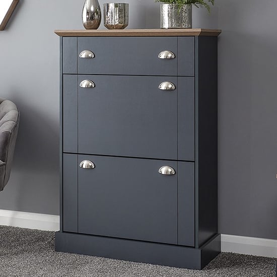 Photo of Kirkby wooden shoe storage cabinet in slate blue with 1 drawer