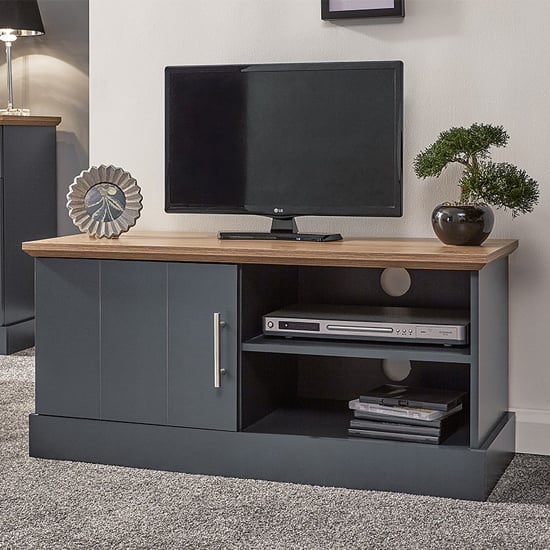 Kirkby Small Wooden TV Stand In Slate Blue With 1 Door