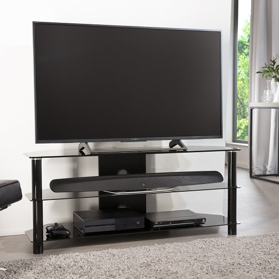 Photo of Essential glass tv stand with wooden frame in black