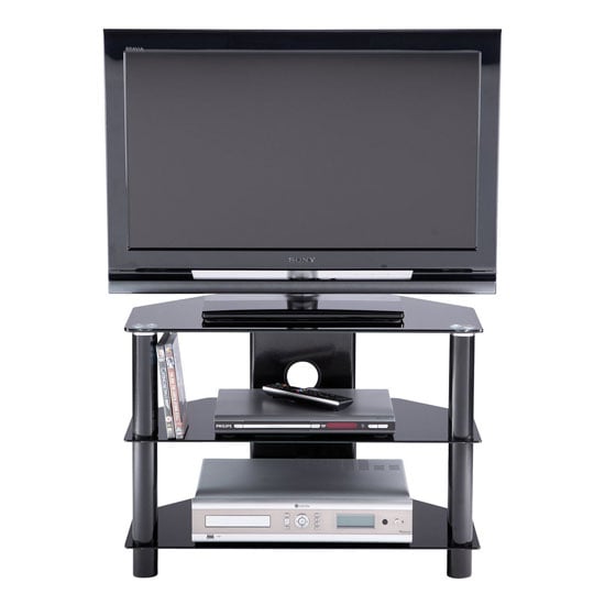 Product photograph of Eshott Glass Tv Stand In Black With 3 Shelves from Furniture in Fashion