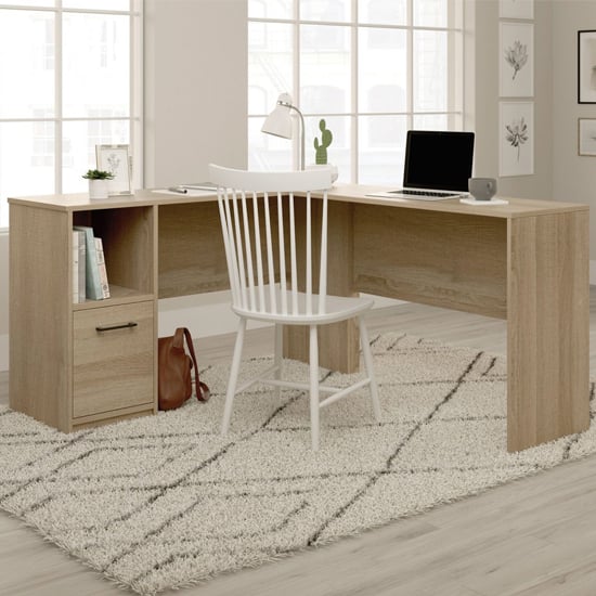 Photo of Essentials wooden l-shaped computer desk in summer oak