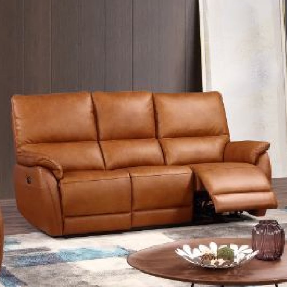 Essex Faux Leather Electric Recliner 3 Seater Sofa In Tan