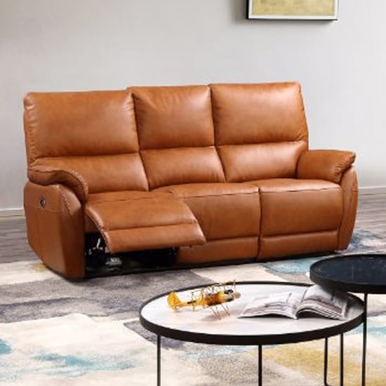 Product photograph of Essex Leather Electric Recliner 3 Seater Sofa In Tan from Furniture in Fashion