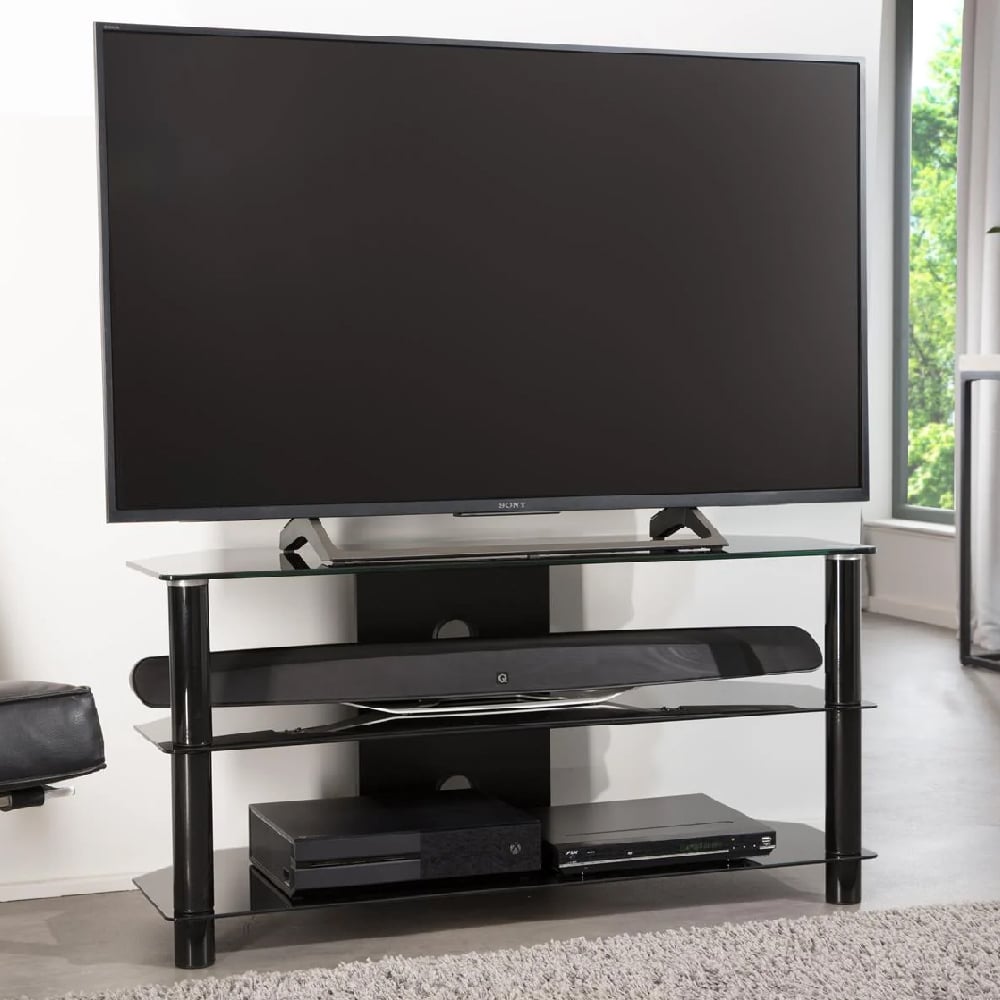 Read more about Estero medium glass tv stand with metal frame in black