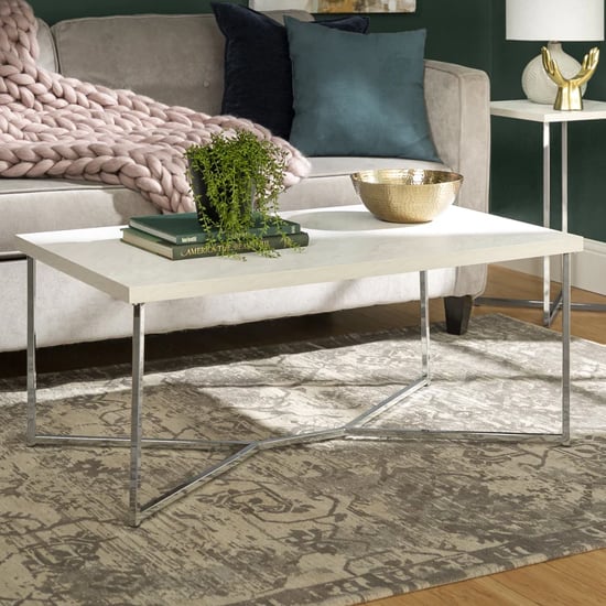 Photo of Estero white marble effect coffee table with chrome metal frame