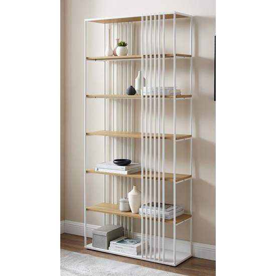 Product photograph of Estero Wooden Bookcase Minimalist In Coastal Oak And White from Furniture in Fashion