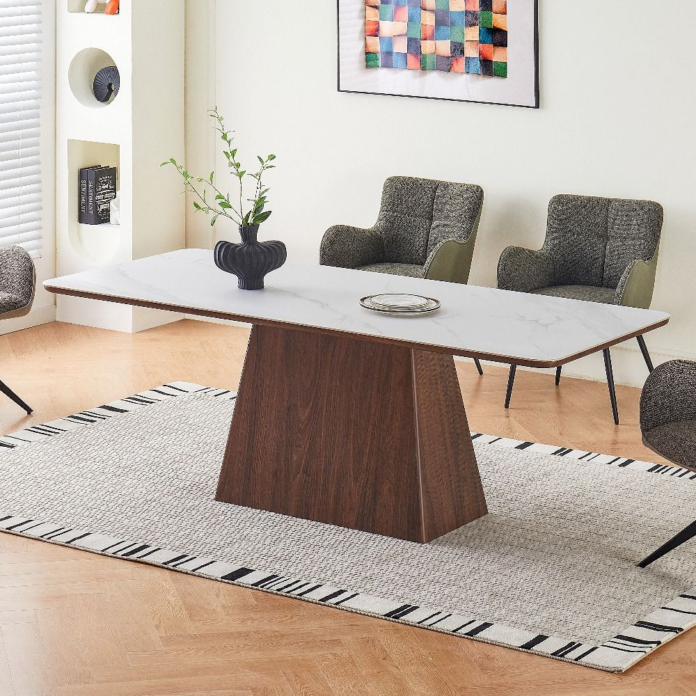 Etrano White Sintered Stone Top Dining Table with Walnut Wooden Base