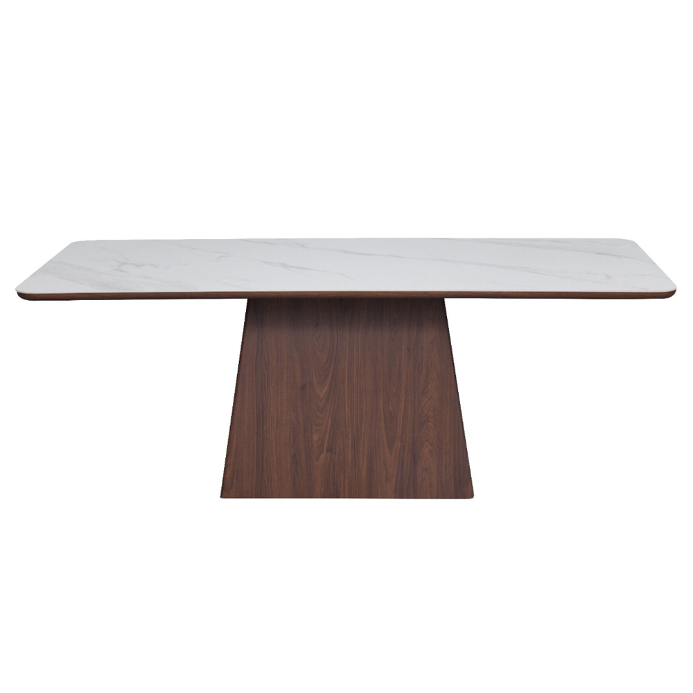 Etrano White Sintered Stone Top Dining Table with Walnut Wooden Base