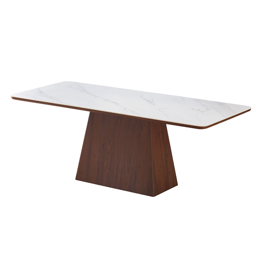 Etrano White Sintered Stone Top Dining Table with Walnut Wooden Base