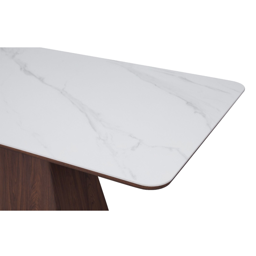 Etrano White Sintered Stone Top Dining Table with Walnut Wooden Base