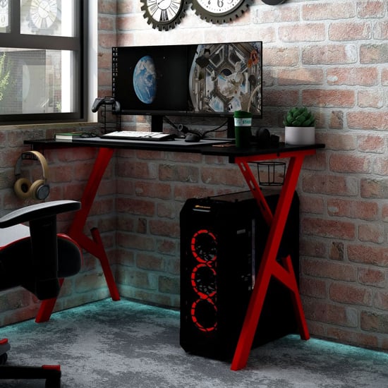 Eufaula Wooden Gaming Desk In Black And Red With Y-Shape Legs