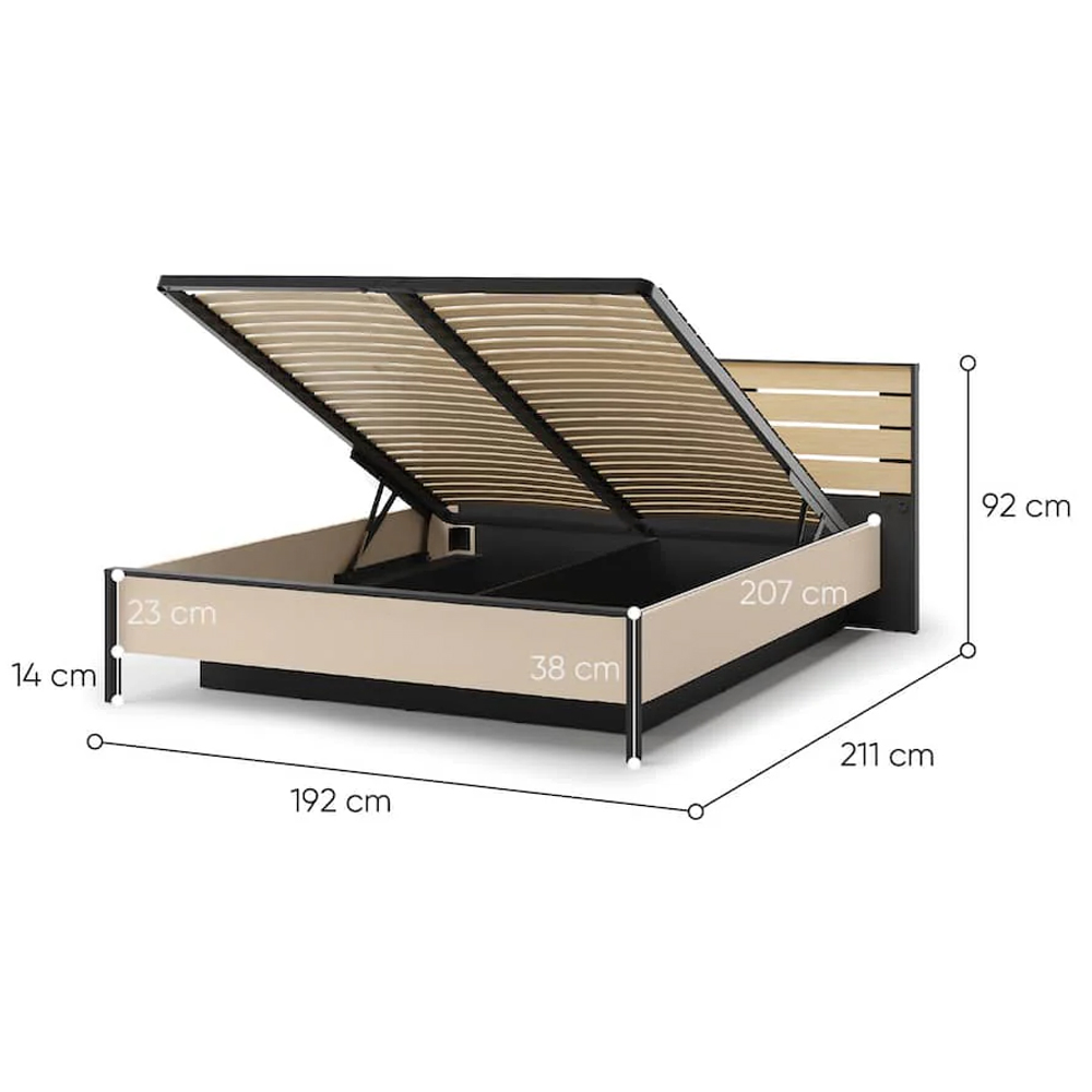 Eureka Wooden Ottoman King Size Bed In Beige And LED