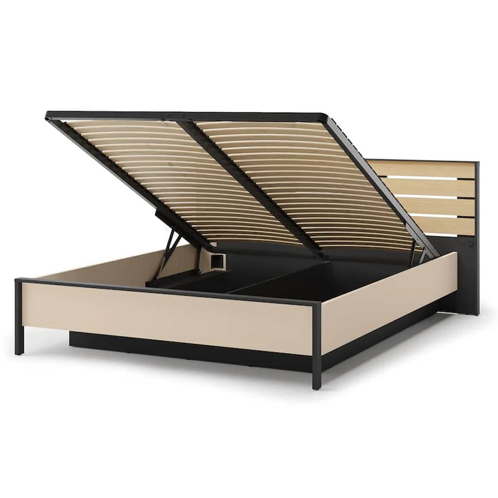 Eureka Wooden Ottoman Super King Size Bed In Beige And LED