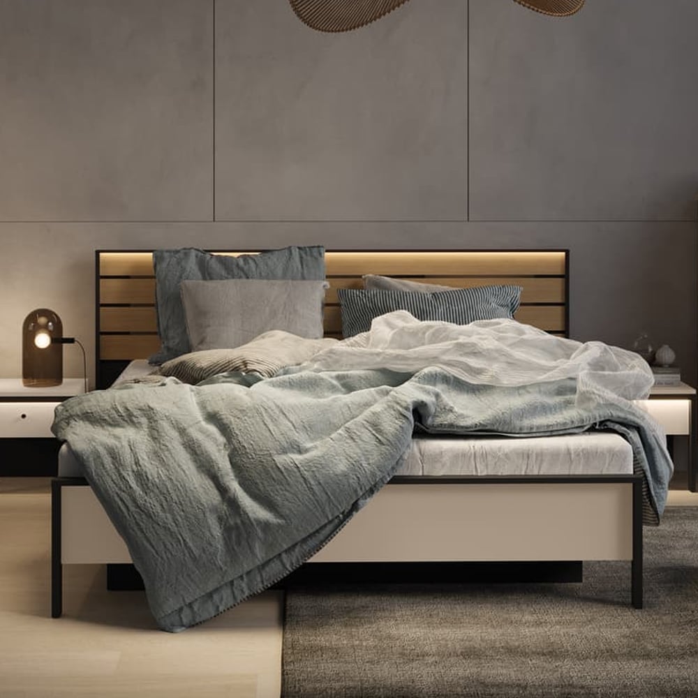 Eureka Wooden Ottoman Super King Size Bed In Beige And LED