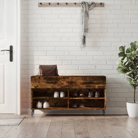 Product photograph of Eureka Wooden Shoe Storage Bench 2 Drawers In Smoked Oak from Furniture in Fashion