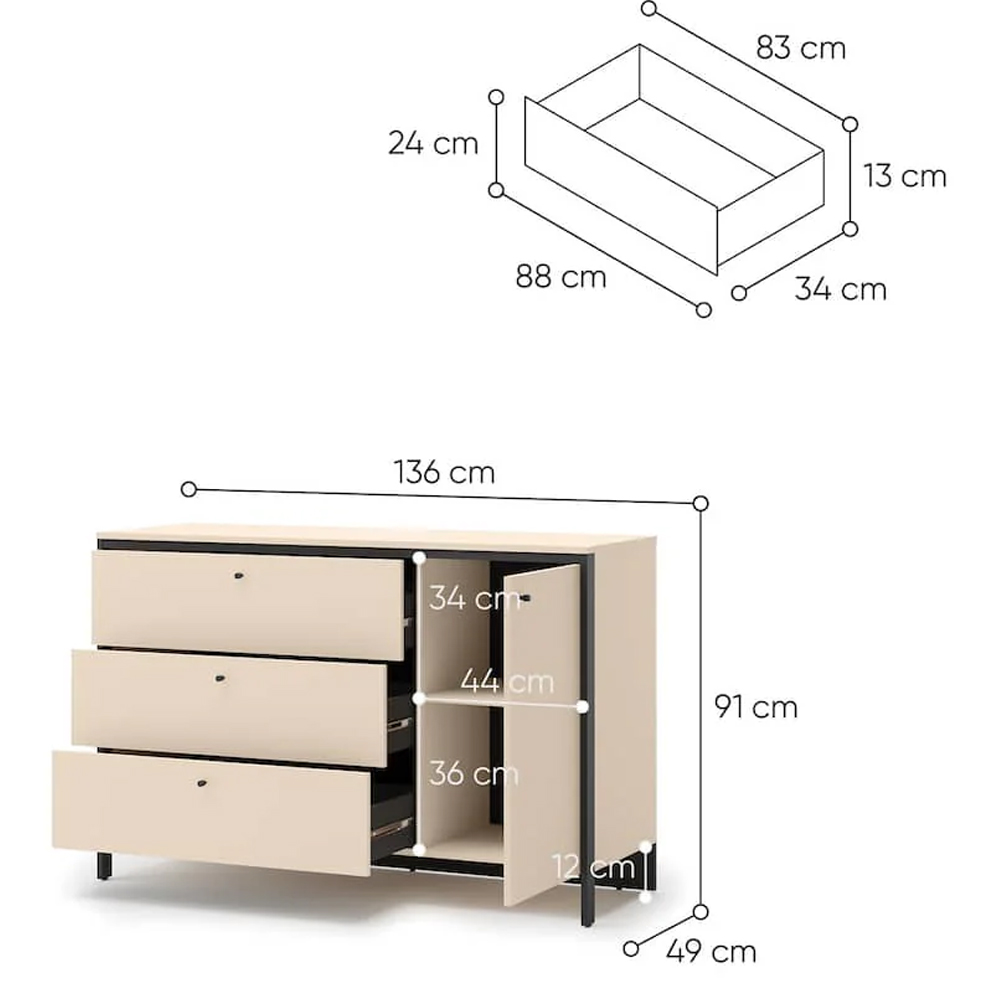 Eureka Wooden Sideboard With 1 Door 3 Drawers In Beige And LED