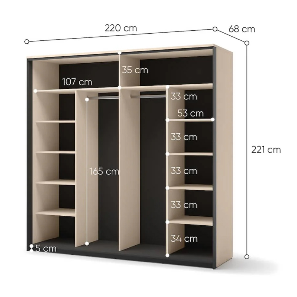 Eureka Wooden Wardrobe With 2 Sliding Doors In Beige And LED