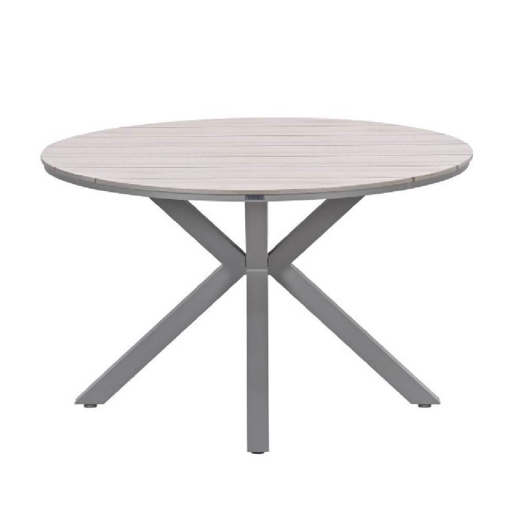 Ezra Wooden Round Garden Dining Table In Taupe