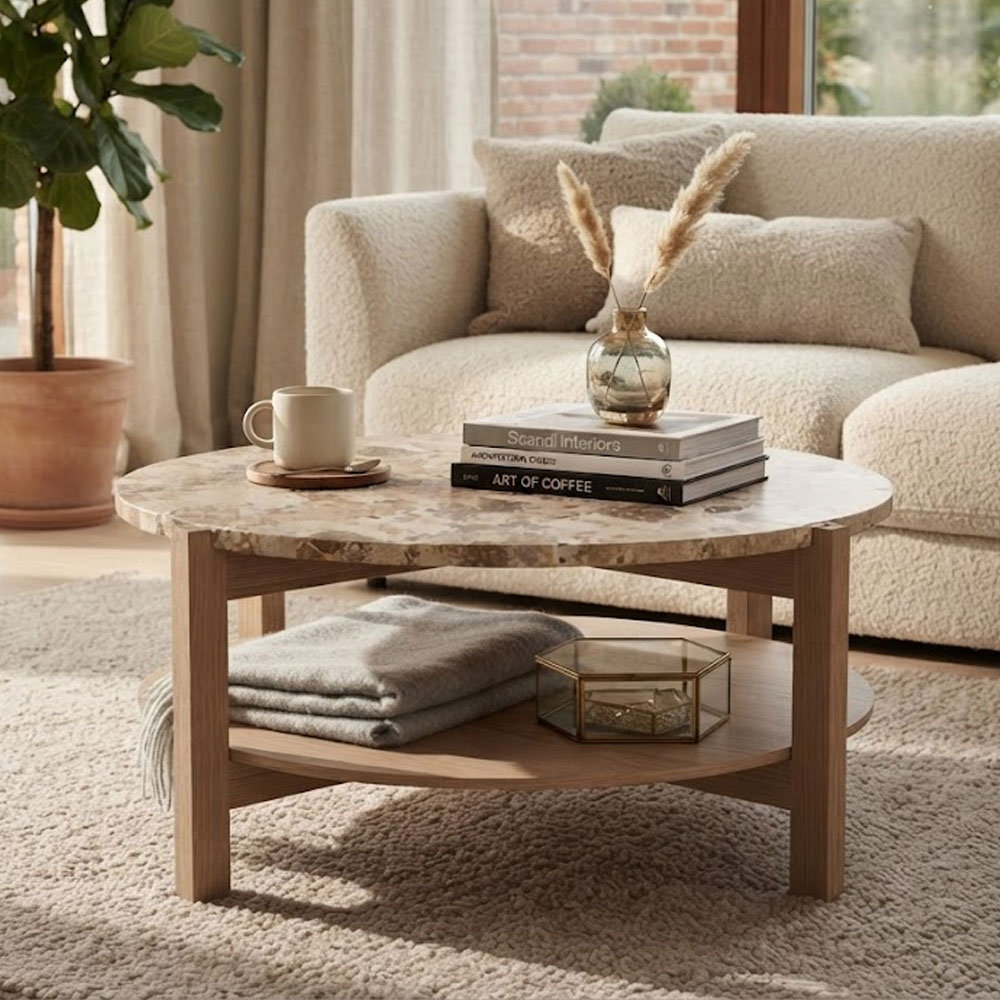 Evandro Matt Latte Brown Lacquered Marble Top Coffee Table with White Oak Base