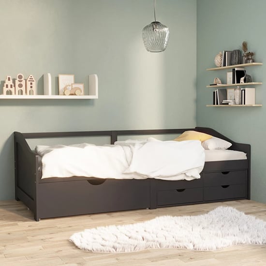 Evania Pine Wood Single Day Bed With Drawers In Dark Grey