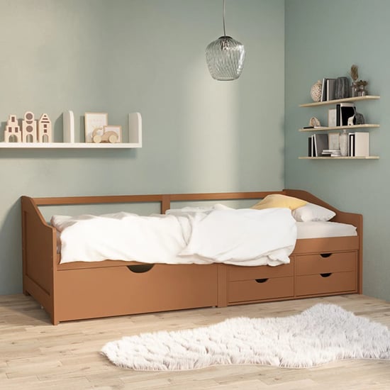 Evania Pine Wood Single Day Bed With Drawers In Honey Brown