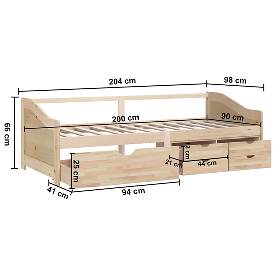 Evania Pine Wood Single Day Bed With Drawers In Natural