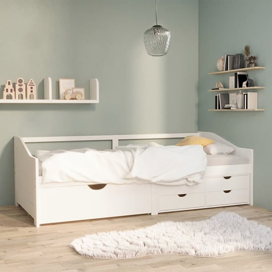 Evania Pine Wood Single Day Bed With Drawers In White Furniture in