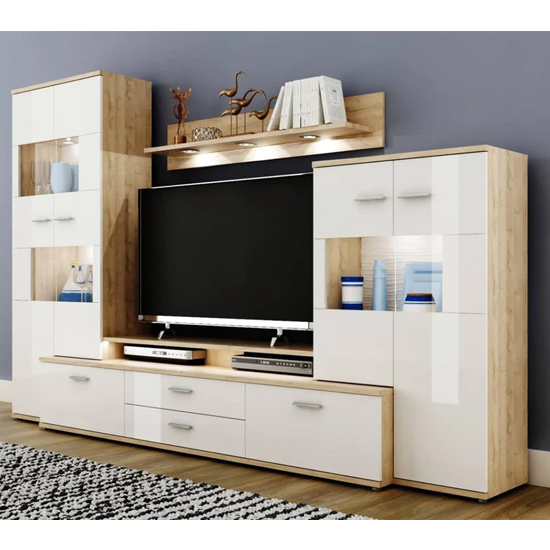 Evans Gloss Entertainment Unit In White And Grandson Oak With LED