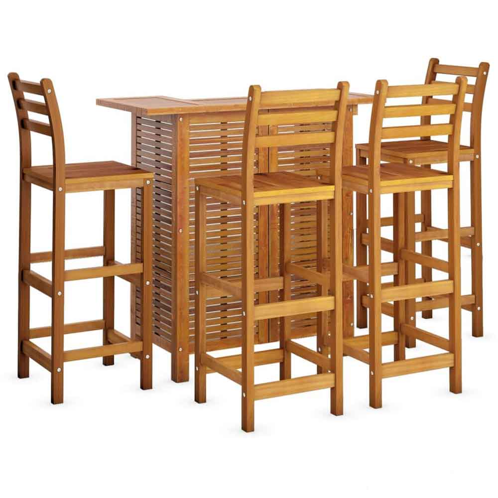 Evaril Garden Acacia Wood Bar Table with 4 High Stools in Brown