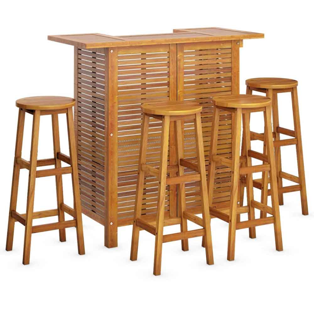 Evaril Garden Acacia Wood Bar Table with 4 Round Stools in Brown